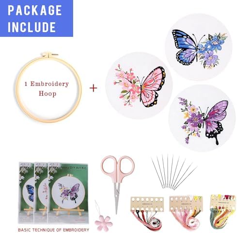 LB Butterfly Embroidery Kit for Beginners Adults, 3 Sets Hand Embroidery Starter Kit with Flower Pattern and Instructions Stamped Cross Stitch Kits Include Embroidery Hoop Needles Threads Scissors