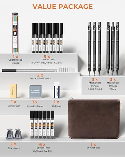 STAGEEK 30Pcs Black Metal Mechanical Pencil Set with Leather Case | 6PCS Art Drafting Pencils, 0.5, 0.7, 0.9, 2.0MM Mechanical Drawing Pencils with 300PCS(6B/4B/2B/HB/2H/4H/Colors)Lead Refills