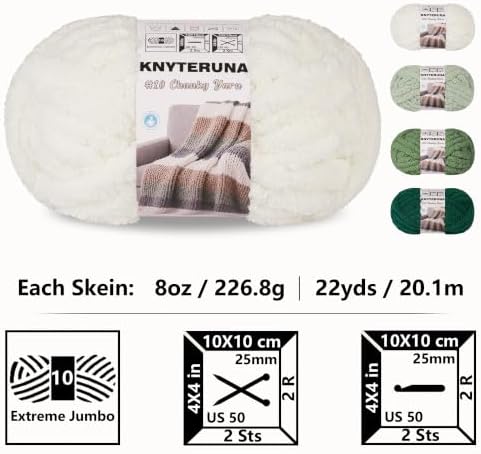Chunky Yarn for Hand Knitting, #10 Chunky Blanket Chenille Yarn, Large Bulky Thick Jumbo Yarn, Super Chunky Knit Yarn for Crocheting, 8 Skein (8 oz 22 yds Each Skein), White & Multi Green