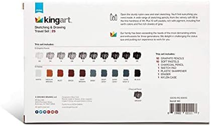KINGART DRAWING & SKETCHING 25 pc. TRAVEL SET, Graphite, and Charcoal Pencils & Pastels plus Supplies, Art Drawing Kit for Adults, Teens, Beginner to Pro, Ideal for Shading, Blending, 25 pc.