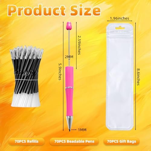 210 Pieces DIY Beadable Pen Bulk Kit – 70PCS Ballpoint Pen with Refills & Bags – Perfect for Beads Pens Supplies, Beaded Pens for DIY Crafting – Office Supplies & Teacher Accessories (Rose Red)