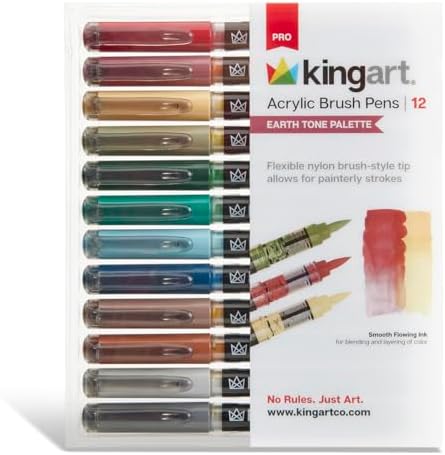 KINGART PRO 12-Piece Acrylic Paint Brush Pen Set – Earth Tone Colors – Flexible Brush Tip for Detailed Illustration and Lettering – Water-Based Opaque Art Markers for Multi-Surface Use