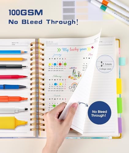 Hardcover Spiral Notebook journal with Removable Dividers Tabs, 300 Pages 5 Subject Notebook College Ruled, 100GMS Notebooks for Work School Note taking,Lined Journal for Women,Pink Blue Marble