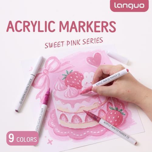 languo Acrylic Paint Markers, 9 Colors Sweet Pink Series, Soft Brush Tip