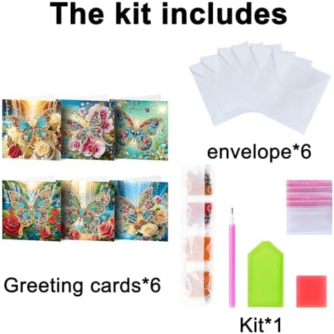 Diamond Art Cards with Envelopes–6PCS DIY Diamond Painting Greeting Cards Kit | Card Making Kit with Bling for Adults & Beginners | Birthday,Holiday & Thank You Cards (Flower and Butterfly)