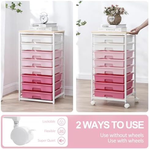 SYKIARIOL Rolling Cart with Drawers,Utility Cart with 8 Drawers,Rose Pink | Craft Organizers and Storage Cart with Wooden Tabletop for Living Room,Classroom, Bedroom,Dorm,Home Office