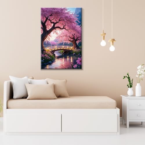 JOOZ Paint by Numbers Kit for Adults with Frame Sakura Paint by Number with Easel Tree Adult Paint by Number Kits Framed Canvas Mountain Waterfall Oil Painting Kits for Gift Home Wall Decor 8x12 Inch