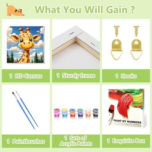 Reivworl Giraffe Paint by Numbers Kit for Kids with Frame 8×8 inch