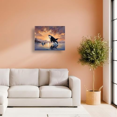 ENTORLAB Ocean Sunset Paint by Numbers Kit for Adults - DIY Orcas Leaping from Water Painting on Canvas 16X20IN Framed, Acrylic Paint Set, Suitable for Beginners, Art for Home Decoration or Gifts
