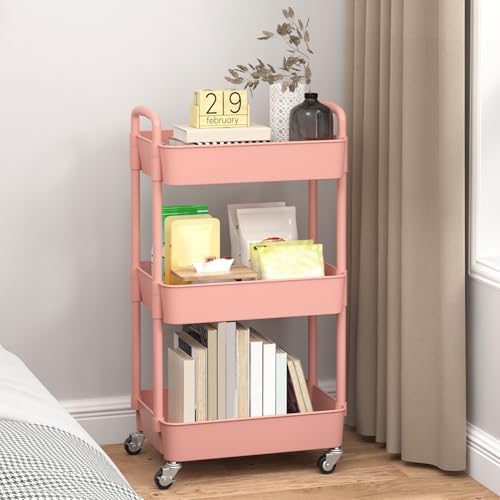 Sywhitta 3-Tier Plastic Rolling Utility Cart with Wheels for Storage, Pink