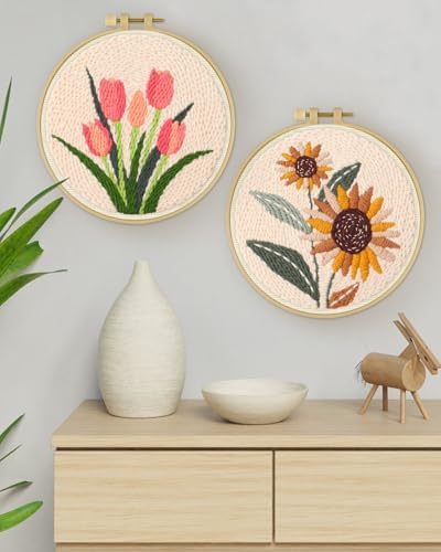 ERKOON Punch Needle Kit Adults Beginners, 2 Pcs DIY Easy Flower Embroidery Set for Starter Art Craft, Needling Punching Project with Patterns, Tools, Yarns, Hoop, Instruction (Sunflowers & Tulips)