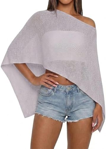 Women Sheer Knit Poncho Top Beach Cover Up Lightweight Crochet Shrug Y2k Summer See Through Shawl
