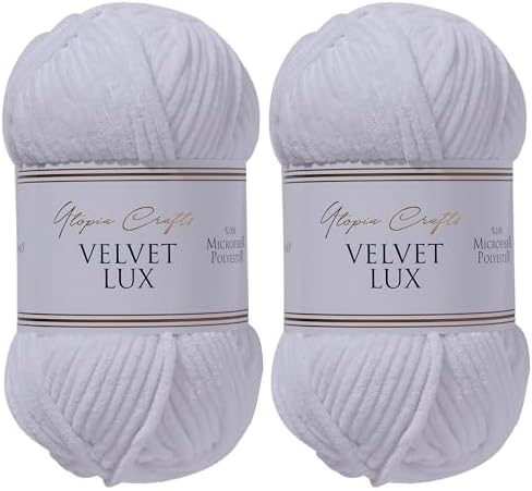 Velvet Lux Chenille Super Soft Chunky Yarn for Knitting and Crochet 2X 100g / 3.52oz (White, 2 Pack)