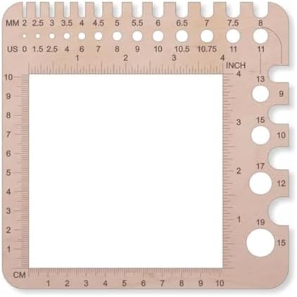 1 Pcs Wooden Knitting Gauge Ruler, 15CM/5.9 Inch Multi-functional Needle Sizer, Stitch Counter Spinner & Yarn Measuring Tool, Precise Size Marker Square Craft Accessory for Knitting Crochet DIY Crafts