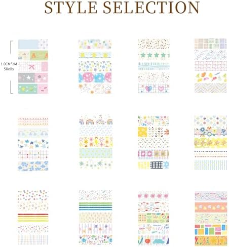 Cute Pattern Washi Tape Set 5 Rolls Glitter Cover Decorative Wide Kawaii Masking Tapes for Arts, DIY Crafts, Journals, Planners, Scrapbook, Wrapping (5 Soft Rainbow)