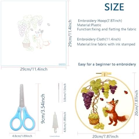 Zhenqing Fox Embroidery Kit for Beginners, Cute Woodland Animal Needlework Craft with Pre-Printed Cotton Fabric, Hoop, Threads & Tools, Garden Decor (C0223)