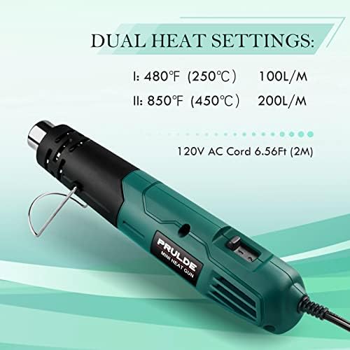 PRULDE Mini Heat Gun for Crafting, 2 Temp Settings 480℉&850℉ Fast Heat Shrink Gun with 6.6Ft UL Cord/Reflector Nozzle, Overheat Protection Hot Air Gun for Shrink Wrap/Tubing, Vinyl Wrap, Resin | Dual Temperature 480°F/850°F – Right Heat for Every Job