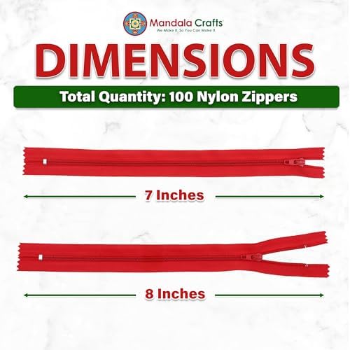 Mandala Crafts 100 PCs Red Closed-End 7 Inches Nylon Zippers for Sewing
