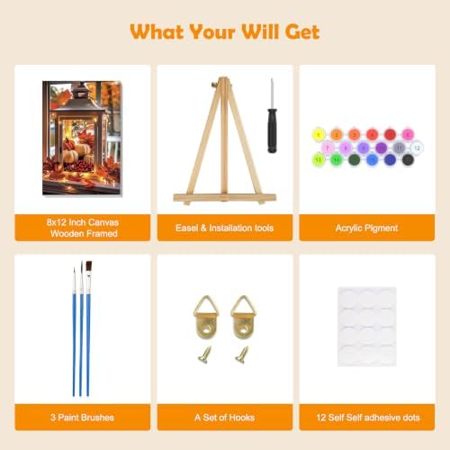 MOGTAA Halloween Paint by Numbers Kit for Adults Beginners with Frame, Fall Pumpkin Adult Paint by Number Kits on Canvas with Easel, Easy DIY Landscape Oil Painting Kits for Home Decor, 8x12in