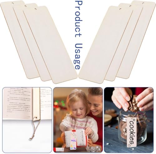 FSWCCK 50 Pcs 6 x 2 Inch Large Size Blank Wooden Gift Tags Labels Unfinished Wooden Book Markers Ornaments with Holes and Ropes for DIY Crafts, Wedding Birthday Party Decors