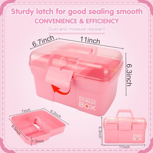 TERGOO 11in Mutipurpose Storage Box Organizer with Removable Tray, Portable Small Craft Organizer with Handle, Plastic Clear Tool Box Art Case for Makeup, Sewing, Nail, Hair Accessories (Pink)