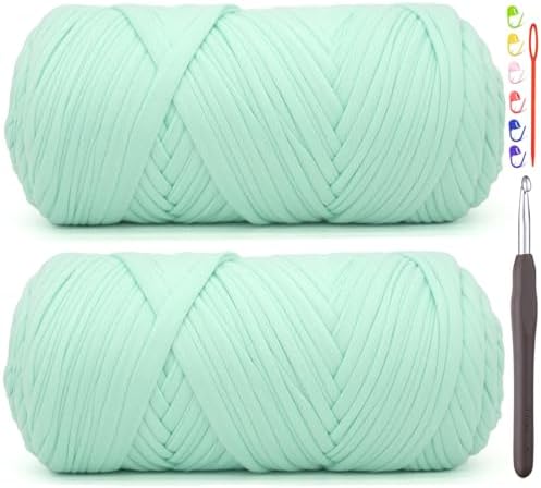 2 Pack Tshirt Yarn for Crocheting,Green T Shirt Chunky Elastic Fabric Thick T-Shirt Crochet Yarn for Beginners Crocheting Hand Knitting Bag/Basket/Coasters/DIY Crafts/Home Decor 2 * 200G(Mint Green