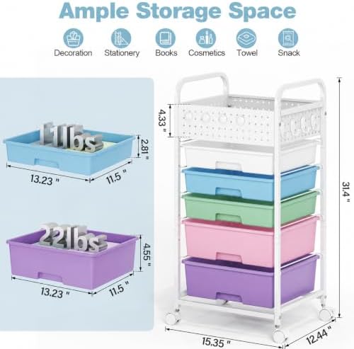 5 Drawer Rolling Storage Cart with Pegboard Top and Hooks, Ice Cream
