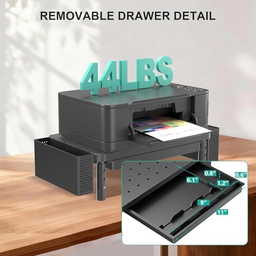 WALI Desk Organizer with Drawer and Pen Holder, 2 Tier Computer Monitor Stand for Home Office Supplies, 3 Height Adjustable Laptop Stand Riser for Computer, Laptop, Printer(PTT003-B), 1 Pack, Black