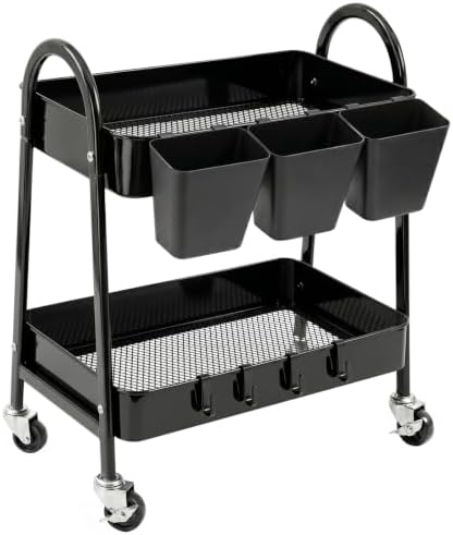 danpinera 2-Tier Rolling Cart, Utility Cart Mobile Metal Rolling Storage Cart with Lockable Wheels & Hanging Cups & Hooks for Kitchen, Bathroom, Office, Workshop, Purple