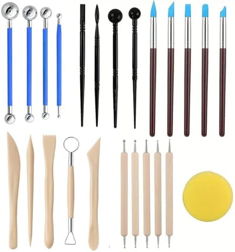 24Pcs Clay Sculpting Tool Set, Polymer Clay Kit with Ball Stylus Pens, Silicone Sculpting Brushes, Wooden Carving Tools & Smoothing Sponge, Professional Pottery Modeling Tools for Ceramic& DIY Crafts
