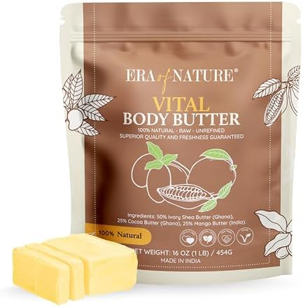 era of nature Organic Shea, Mango & Cocoa Body Butter – Raw, Unrefined, 100% Natural – Perfect Base for DIY Skincare, Body Butters, Lotions, Soaps & Lip Balms – Essential for Homemade Creations – 8oz