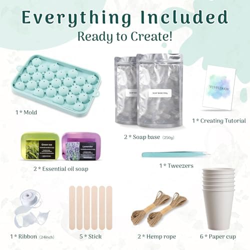 YUVFUDUOV DIY Grape Soap Making Kit - Enough to Make 2 Full Bunches, Includes Silicone Mold, 500g Clear Soap Base, 2x90g Essential Oil Soaps, Jute Rope & Tools, for Handmade Craft Gift & Mother's Day