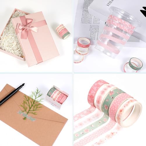 5 Rolls Sakura Washi Tape Set Floral Decorative Tapes Cute Flowers Patterns Tape Japanese Arts Adhesive Tapes Modern Arts Masking Tapess for Art DIY Crafts Journals Scrapbooking Wrapping