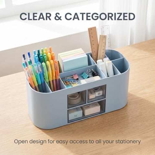School Supplies Organizer with Drawers, Pen Holder, Blue