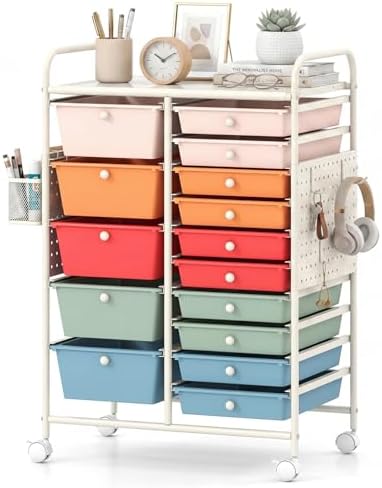 GOFLAME 15-Drawer Rolling Storage Cart with Pegboard, Craft Storage Cart with Lockable Wheels and Metal Frame, Art Cart Supply Storage Organizer for Home Office Classroom, Macaron Color