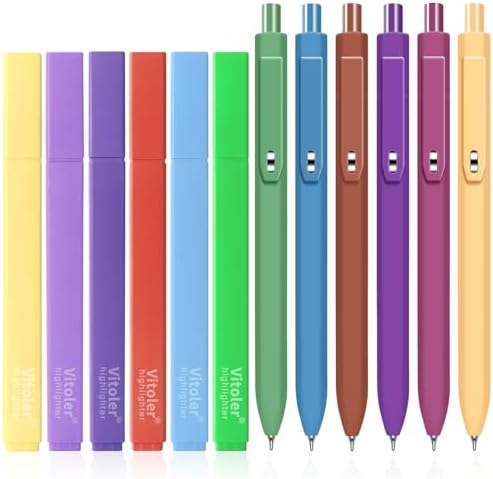 Vitoler Aesthetic Highlighters and 0.5mm Black Gel Pens，12 Pack | Assorted Colors Highlighters for Study, Journaling and Teacher Nurse Gifts