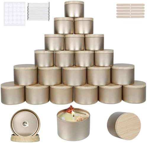 CONNOO 24 Pack - 12pcs 8oz & 12pcs 4oz Champagne Gold Candle Tins with Lids