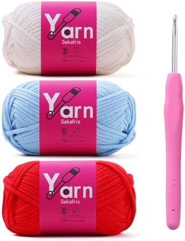 Crochet Yarn with Cotton Yarn for Crocheting - Crochet Knitting Yarn for Beginners with Easy-to-See Stitches - Yarn for Crocheting - Chunky Yarn - Cotton Blend(Crimson+White+Pale Blue)