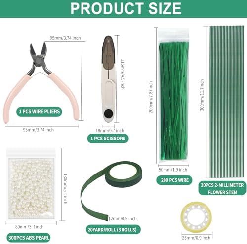 DIY Handmade Floral Art Tool Set, Money Flower Bouquet Making Kit Including ABS Pearls, Metal Wire, 2-Millimeter Diameter Flower Stems, Scissors, Pliers and Green Tape