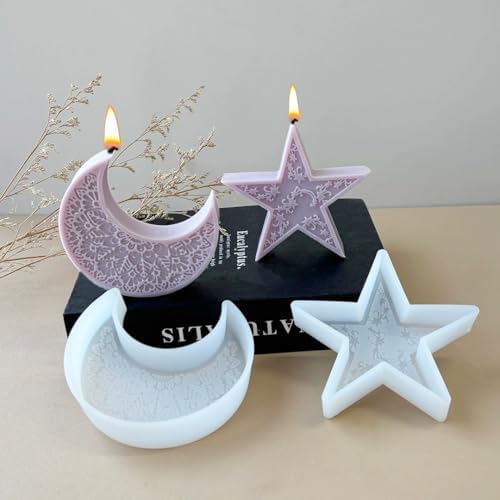 Konrisa 2pcs Star Moon Candle Molds, Silicone Resin Casting Mold for Candles Making Aromatherapy Candles Handmade Wax Home Decoration