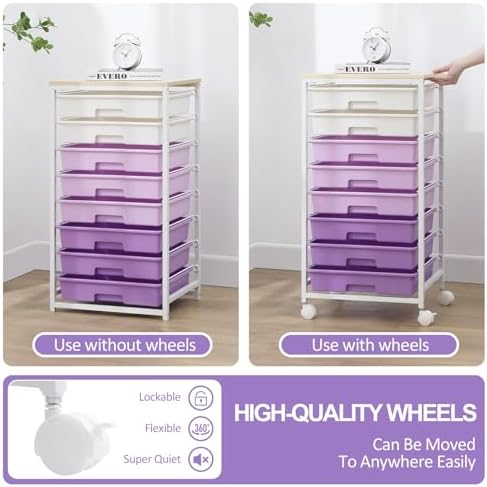 SYKIARIOL Rolling Cart with Drawers,8 Drawers Storage Cart,Purple | Craft Organizers and Storage with Wooden Tabletop for Living Room,Classroom,Bedroom,Bathroom,Dorm,Office