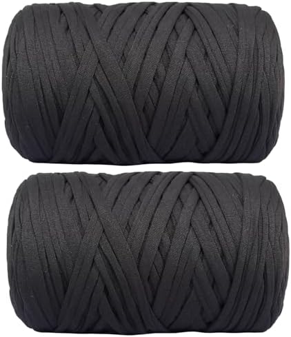 2 PCS 800g T-Shirt Yarn Elastic Fabric Crochet for DIY Knitting, 260 Yards Spaghetti Thick Knitting Yarn for Hand DIY Bag Basket Cushion Crocheting Projects,Home Decor（Black）