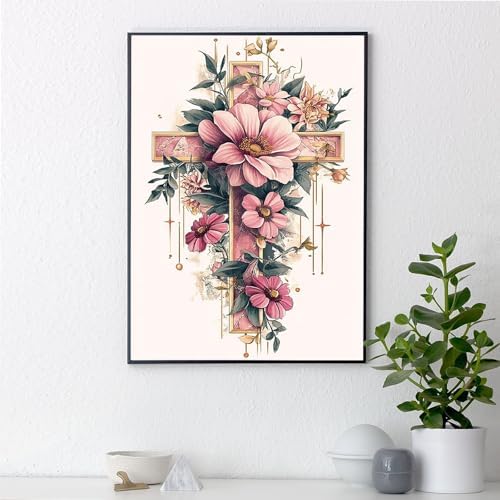Yezavesu Cross Flower Diamond Art Kits for Adults Beginners 12x16 Inch | Religious Diamond Painting, DIY 5D Full Round Drill Gem Art, Stress Relief Craft Kits, Home Wall Decor Gift