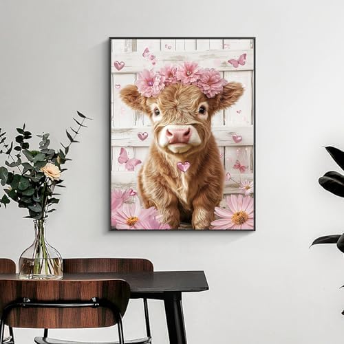 Yezavesu Highland Cow Diamond Art Kits for Adults Beginners 12x16 Inch | Cute Pink Cow Diamond Painting Kit, DIY 5D Full Round Drill Gem Art, Stress Relief Craft Kits, Home Wall Decor Gift
