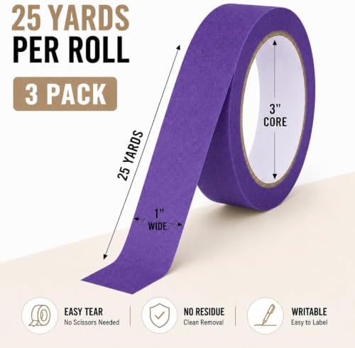 3 Rolls Purple Masking Tape 1 Inch Wide, Painters Tape 1 inch x 25 Yards