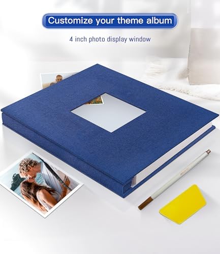 Popotop Photo Album Self Adhesive with Picture Display Window,40 Pages DIY Scrapbooking Supplies Kit for 4x6 8x10 Picture,Linen Cover Memory Book for Baby Wedding, with Scraper and Metallic Pen
