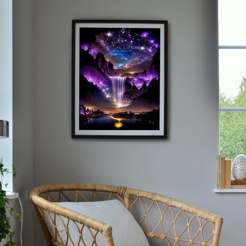 MBNTJHT Waterfall Landscape Diamond Art Kits for Adults,DIY Purple Aurora Diamond Painting Kits for Beginners,5D Full Round Drill Gem Art Painting Crafts for Home Wall Decor 12x16 Inch.