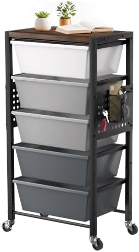 Rolling Cart with 5 Drawers, Plastic Drawer Storage Carts with Wheels & Wooden Tabletop, Metal Utility Cart with Pegboards, Office Living Room Classroom Craft Organization and Storage, Dark Grey