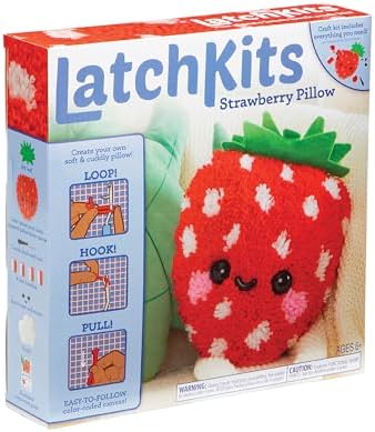 LatchKits Strawberry Pillow - Latch Hook Kits for Kids, Arts and Crafts, Yarn Art, Kids Crafts, Toys for Girls, Birthday Gift for Girls, Easy to Follow Pattern, Hook Included, Craft Kits, Ages 6+