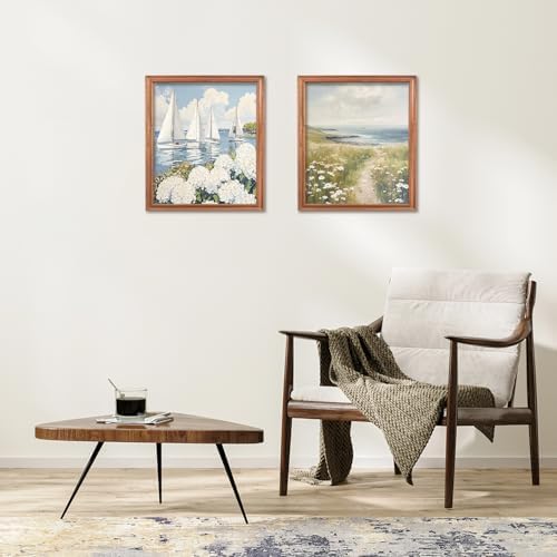 RLTXBUK 2 Pack Nautical Sailboat White Hydrangea Floral Diamond Art Kits, Coastal Grandma Decor, Summer Seaside Flower Landscape Gem Diamond Painting Art Kits for Adults Kids Beginners, 9.8x11.8 Inch